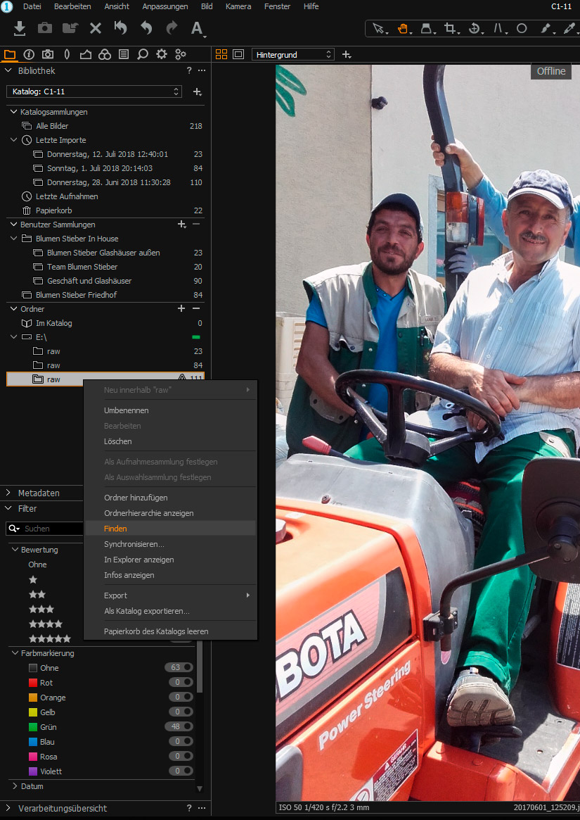 Capture One Bild Offline finden