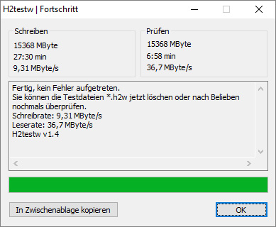 MeZmory USB 3.0 Stick: Messung mit H2testw an USB 2.0