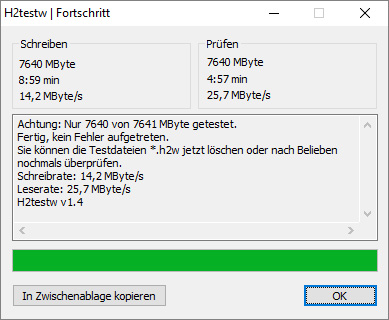 Sony USB 2.0 Stick: Messung mit H2testw an USB 2.0