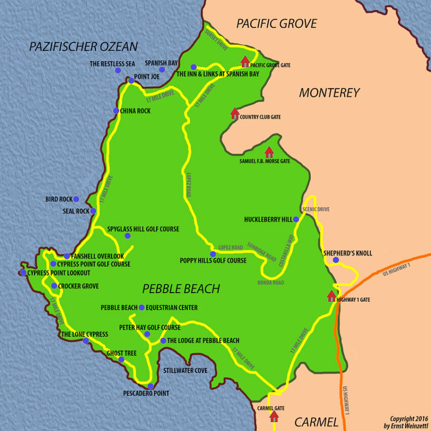 Kartenskizze von Pebble Beach auf der Monterey-Halbinsel