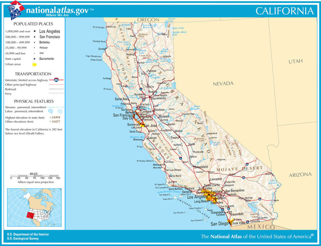 Diese Karte von Kalifornien wurde einer Ausgabe des National Atlas of the United States entnommen und zeigt den heutigen Bundesstaat Kalifornien. Wie fast alle Werke der U.S. Bundes­regierung sind Arbeiten aus dem National Atlas Allgemeingut und lizenzfrei verwendbar.