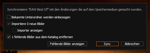 Ein Versuch, die Katalog-Datenbank mit dem RAW-Ordner zu synchronisieren, schlägt fehl.