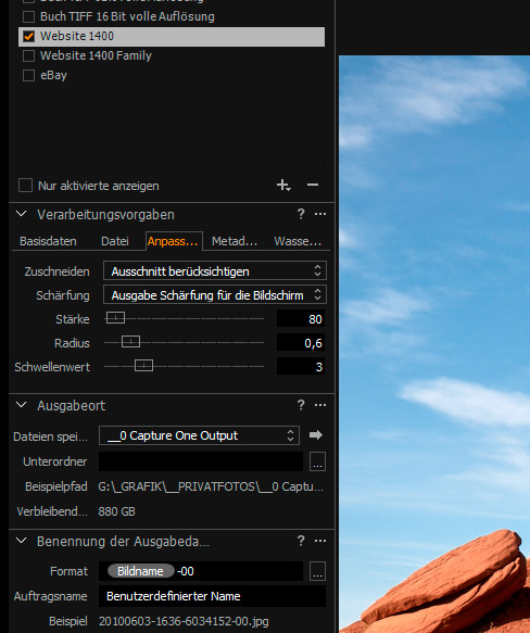 Capture One Exporteinstellungen Zuschnitt und Ausgabeschärfung
