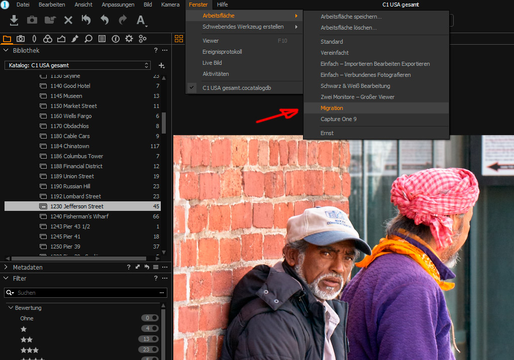 Capture One Pro Migrations-Arbeitsfläche einstellen.