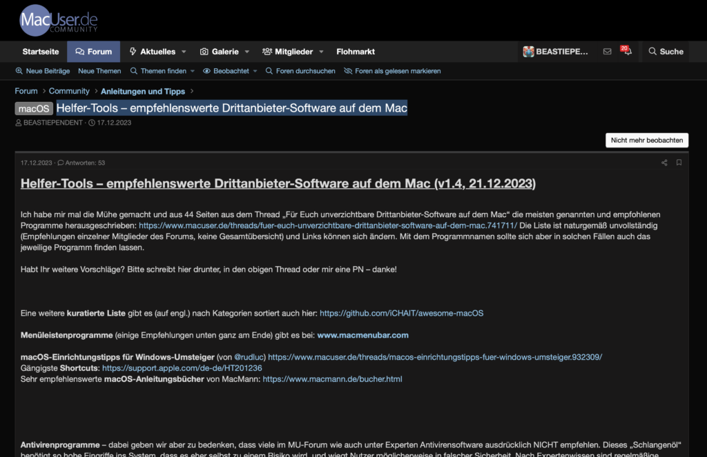 Ein Screenshot aus dem Ausgangsthread von macuser.de.